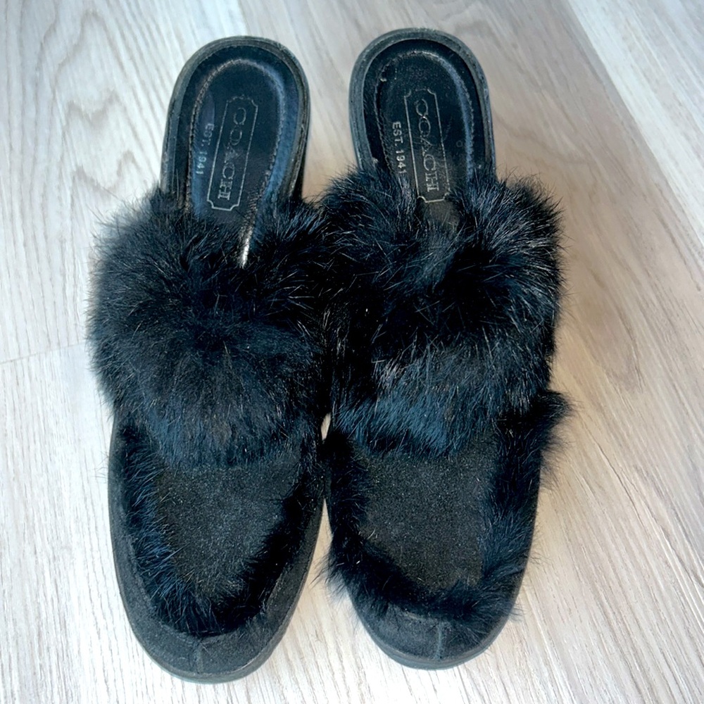 COACH RARE "ITALY" Kaela Suede Rabbit Fur Mules 7B Platform Wedge Slip On
